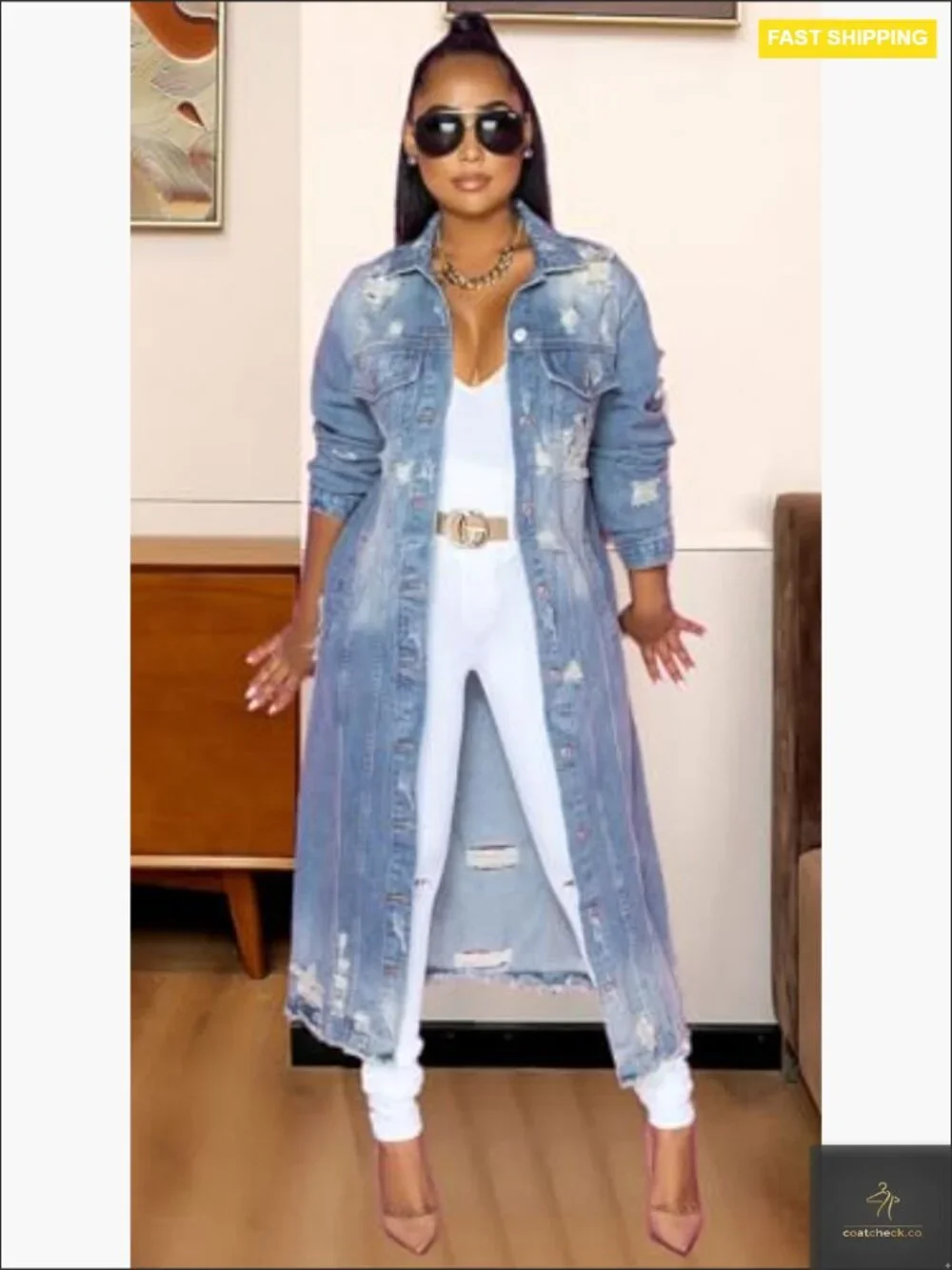 Ripped Maxi Long Denim Jacket Trench Coat Lightweight Vintage Button Down - Picture 4 of 6